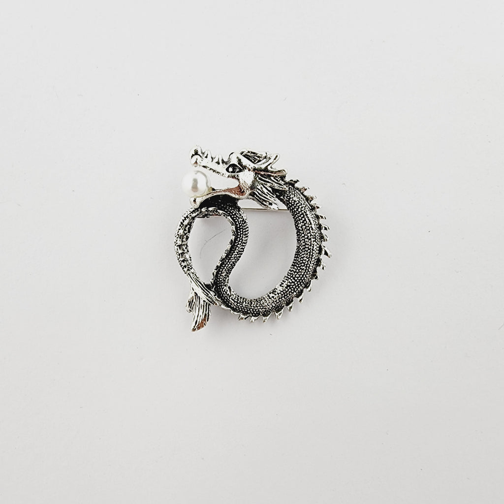 DRAGON PEARL LAPEL PIN - ANTIQUE SILVER