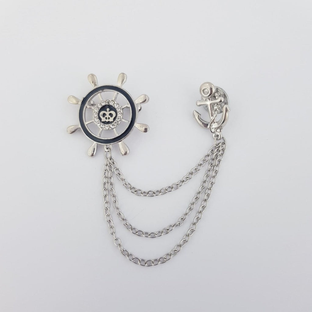 CAPTAIN'S HELM ANCHOR CHAIN BROOCH SILVER